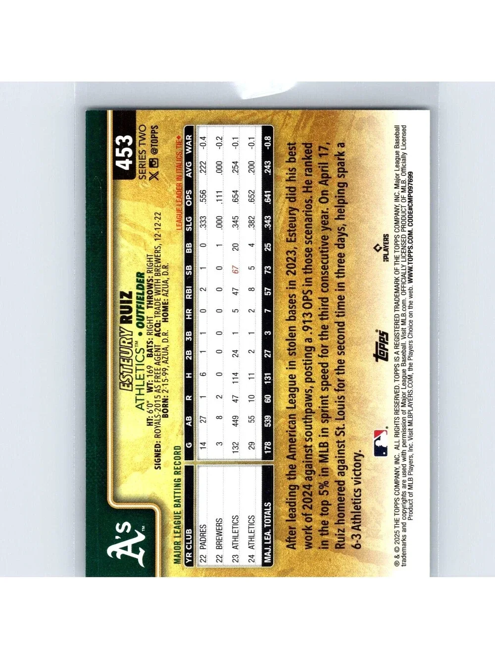2025 Topps Esteury Ruiz #453 Golden Mirror Variation Athletics